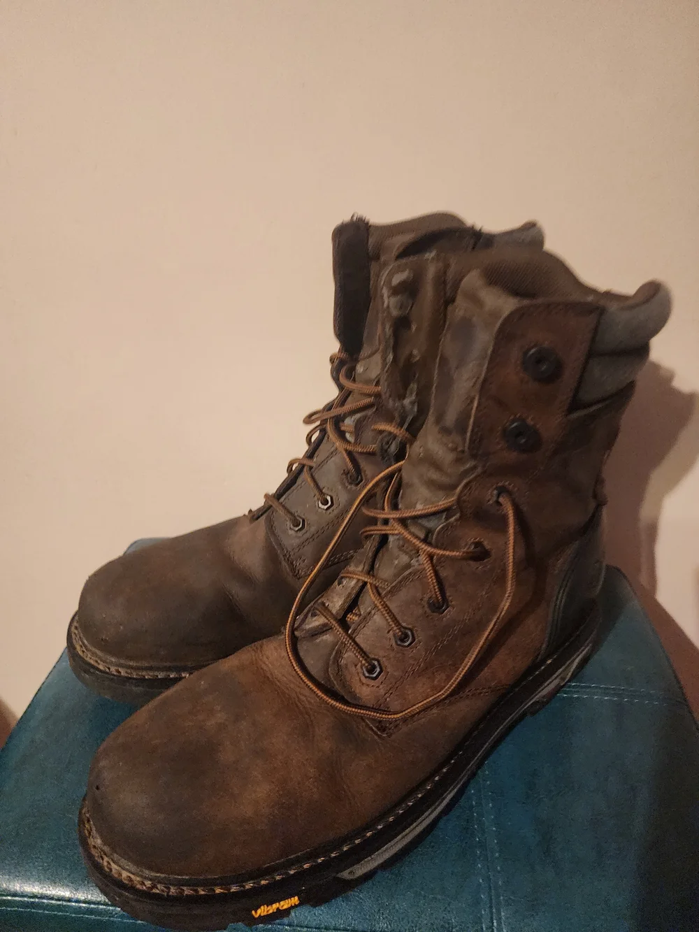 Justin Boots Brown Leather Lace-Up Work Boots with Gray Collar